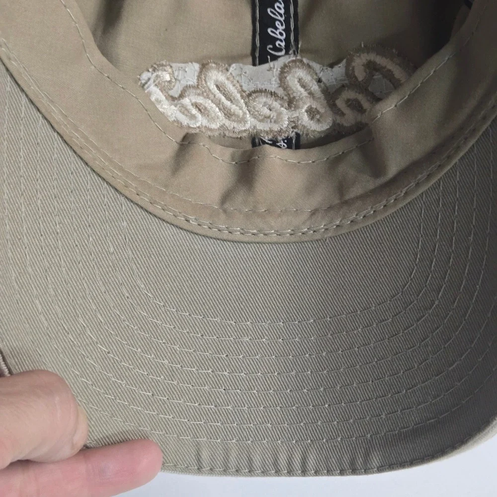 Cabelas Mens Khaki Tan Script Logo Adjustable Strapback Baseball Hat Cap OSFM